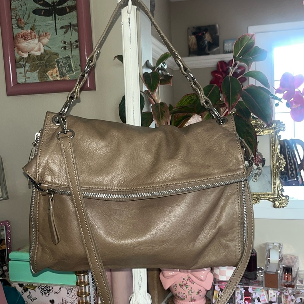 Taupe Leather Shoulder Bag with Chain-Detail Strap